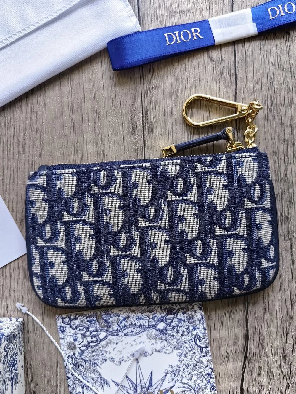 Dior Navy Blue and Cream Oblique Canvas Card Pouch with Gold Hardware